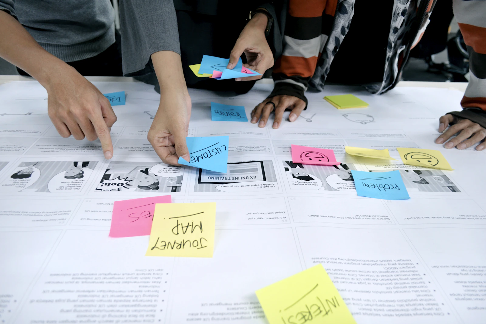 People mapping an experience together with handwritten sticky notes